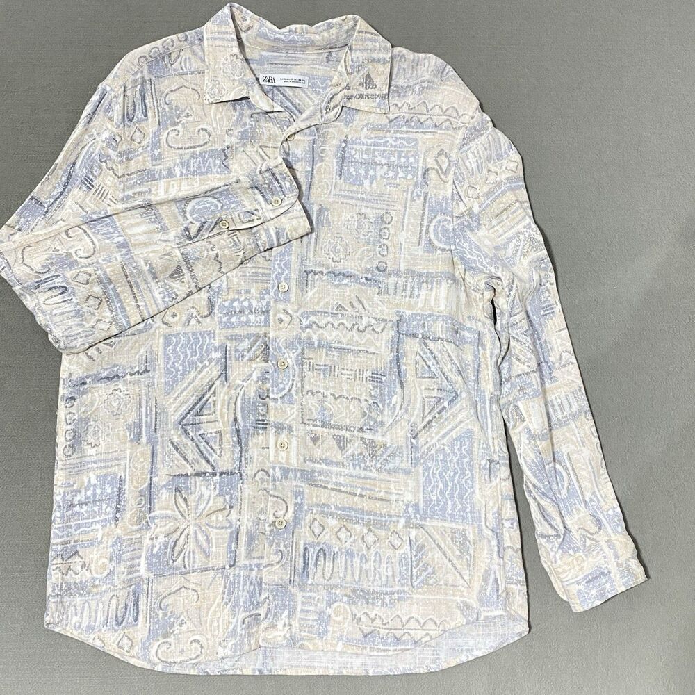 ZARA Shirt Mens XL Geometric Print Linen Blend Button Up Resort Tribal Beach